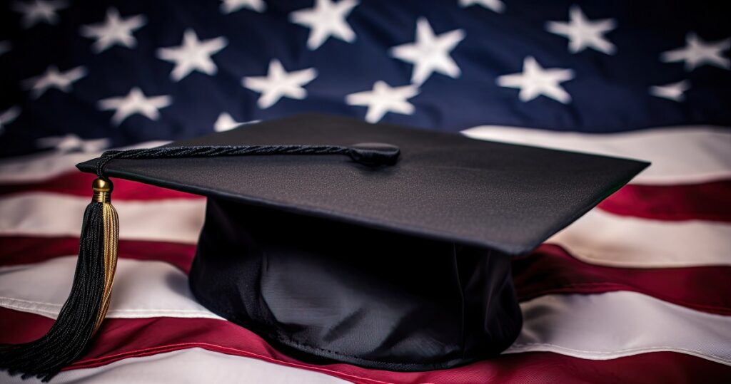A graduation cap on the American flag