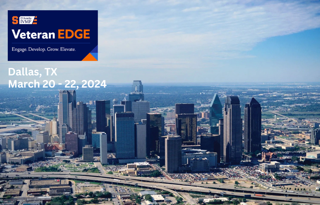 Dallas Texas downtown skyline with Veteran EDGE logo