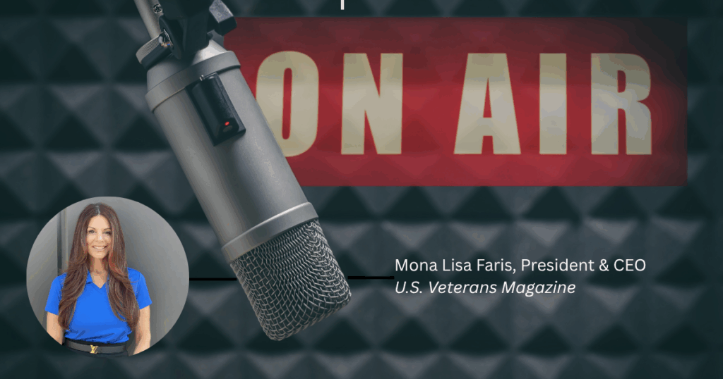 Mona Lisa Faris smiling with a On Air sign and a large microphone next to her image