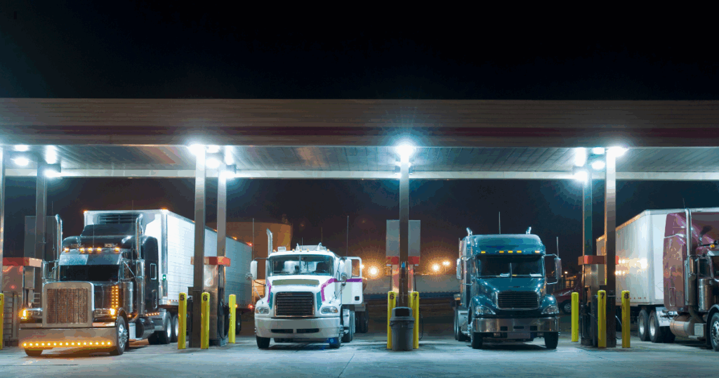 transportation trucks parked at truck stop