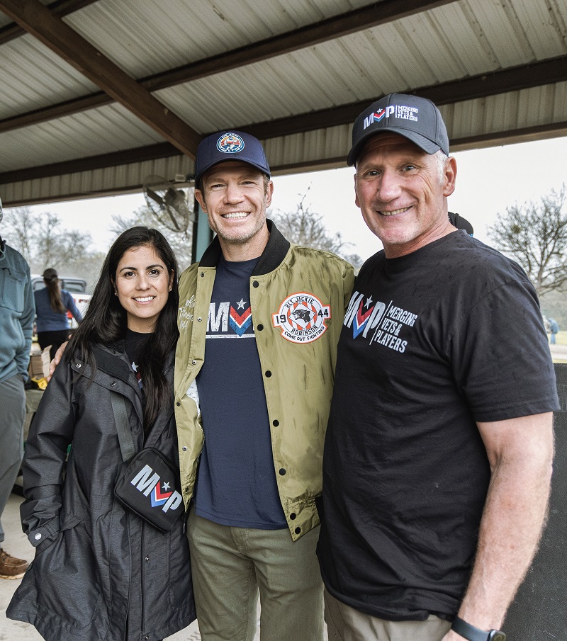 Nate Boyer alongside MVP Dallas Staff: USMC veteran Martha Morrison and Army veteran Bill Johnson at the Sporting Clay Classic in Dallas.